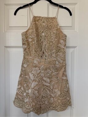Floral Lace Halter Romper Dress - Nude/Champagne